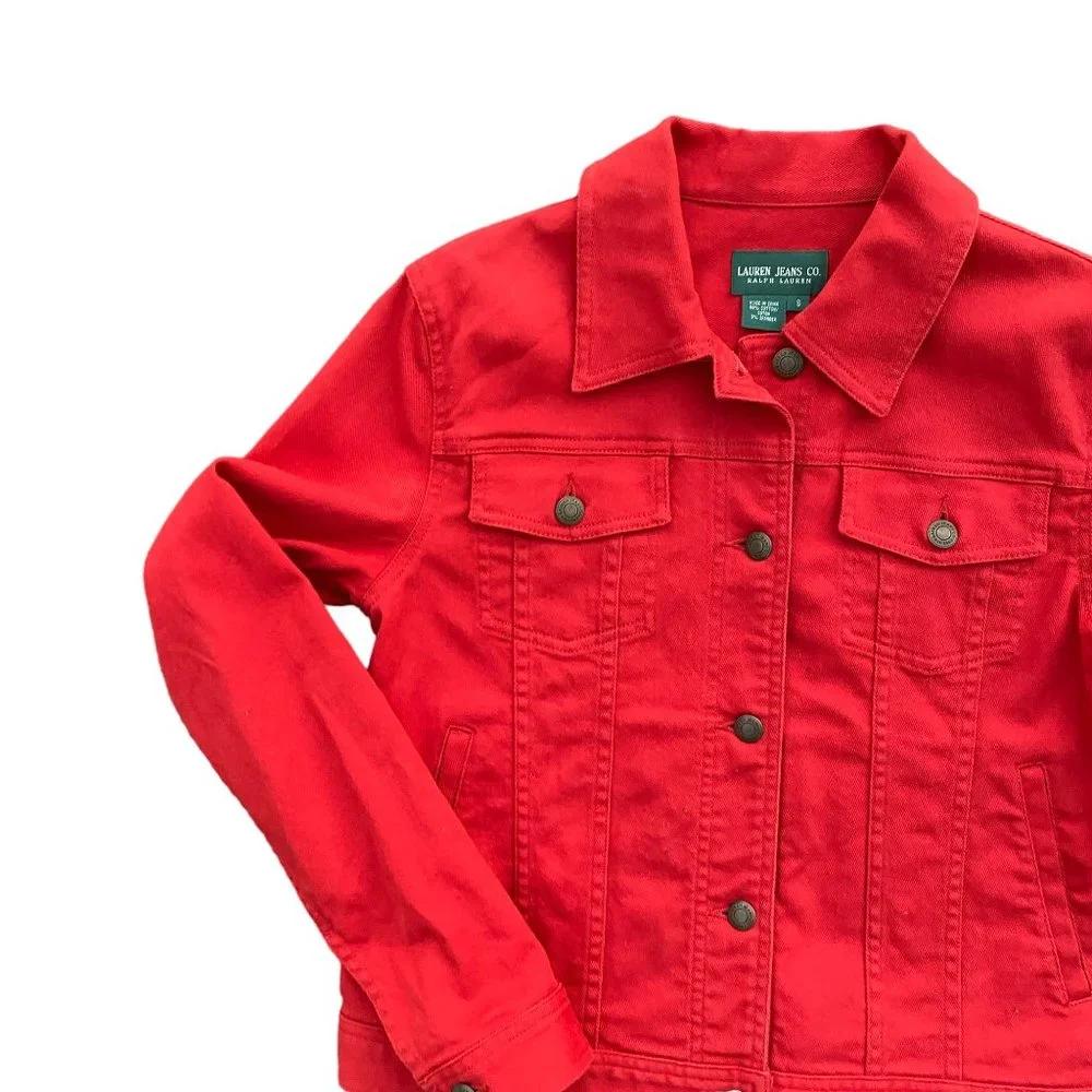 Lauren Jeans Co. Ralph Lauren Y2K Vintage Red Denim Trucker Jean Jacket Preppy-S - Picture 4 of 13